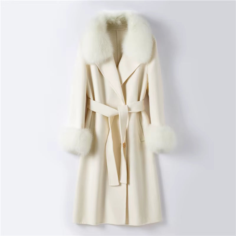 Women's Elegant 90% Genuine Wool Overcoat with Fox Fur Collar and Cuffs - Winter Trench Jacket TX205601