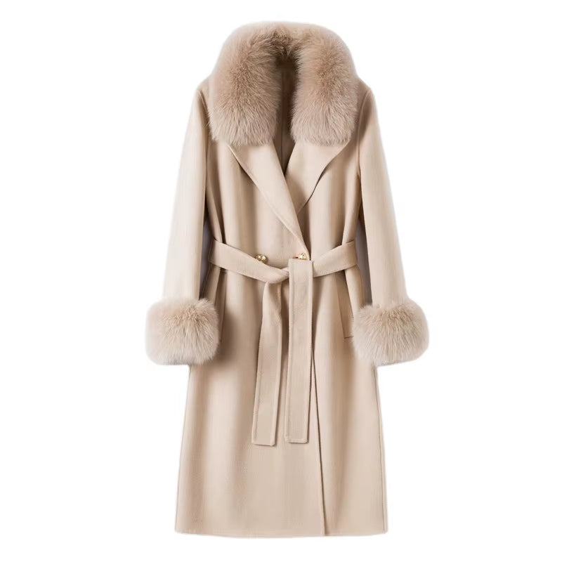 Women's Elegant 90% Genuine Wool Overcoat with Fox Fur Collar and Cuffs - Winter Trench Jacket TX205601