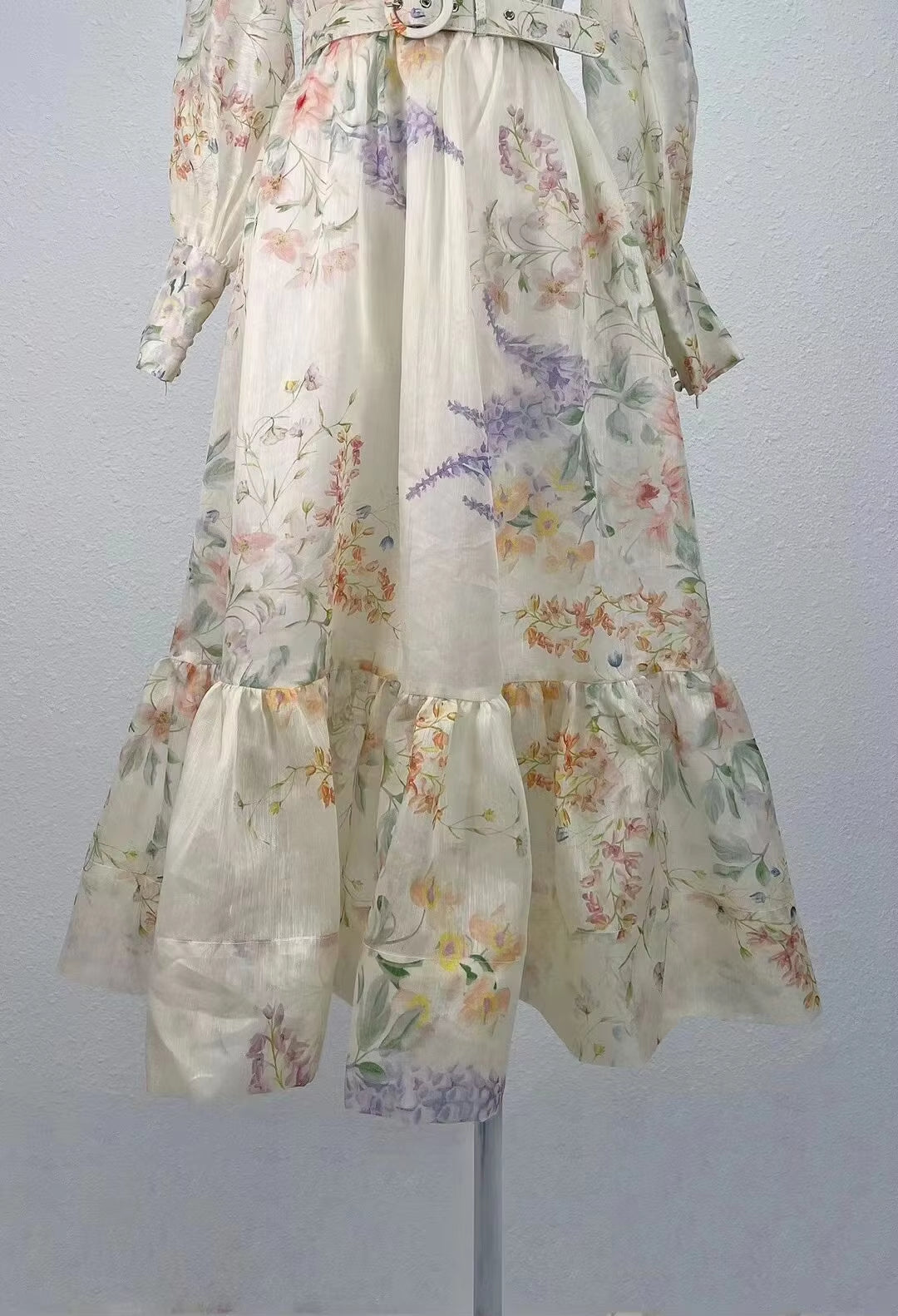 Luxury Floral Print Long Sleeve Silk Linen Dress with Belt for Women - Spring 2025 Collection