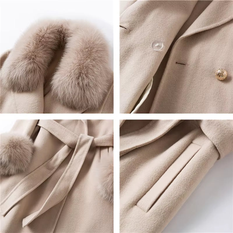 Women's Elegant 90% Genuine Wool Overcoat with Fox Fur Collar and Cuffs - Winter Trench Jacket TX205601