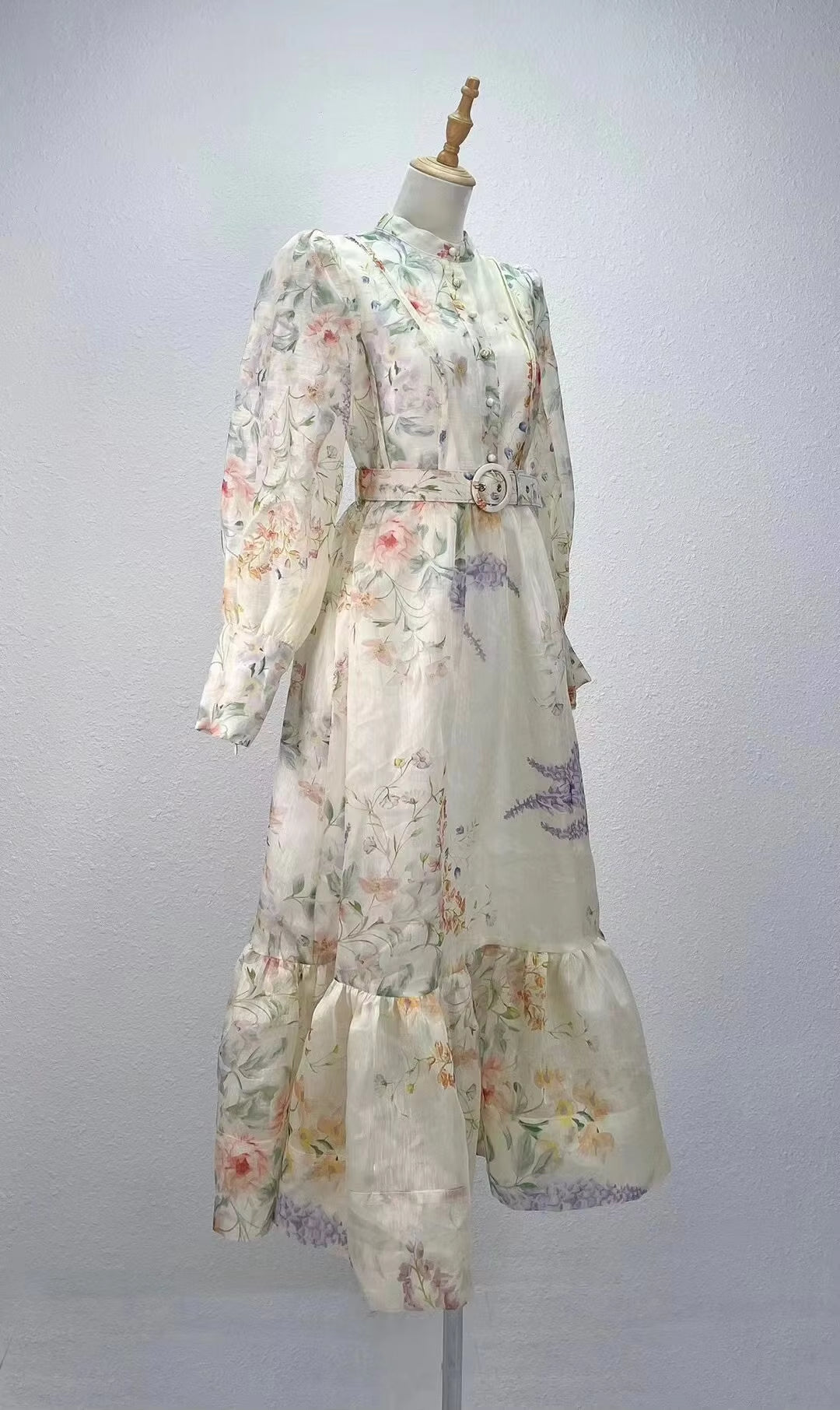Luxury Floral Print Long Sleeve Silk Linen Dress with Belt for Women - Spring 2025 Collection