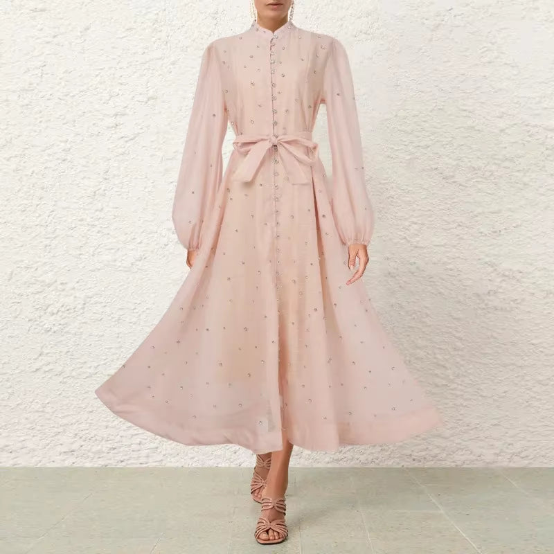 Luxury Design Sense Single Button Silk Mulberry Dress with Long Strap Diamond Bead Lightweight UK Exclusive Fashion Dress