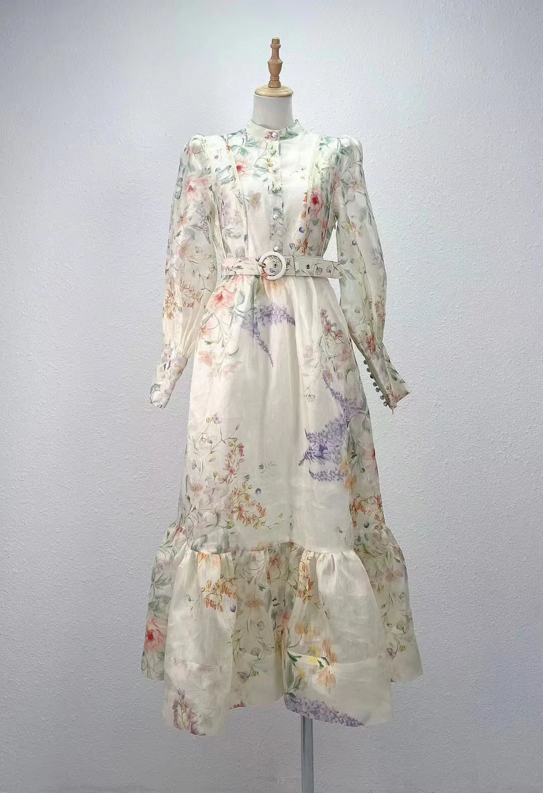 Luxury Floral Print Long Sleeve Silk Linen Dress with Belt for Women - Spring 2025 Collection