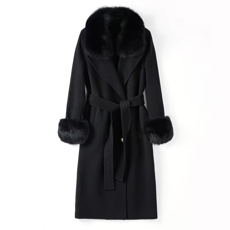 Women's Elegant 90% Genuine Wool Overcoat with Fox Fur Collar and Cuffs - Winter Trench Jacket TX205601