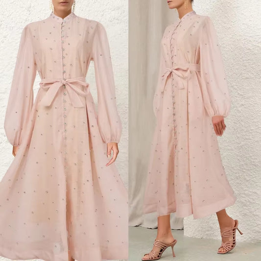 Luxury Design Sense Single Button Silk Mulberry Dress with Long Strap Diamond Bead Lightweight UK Exclusive Fashion Dress