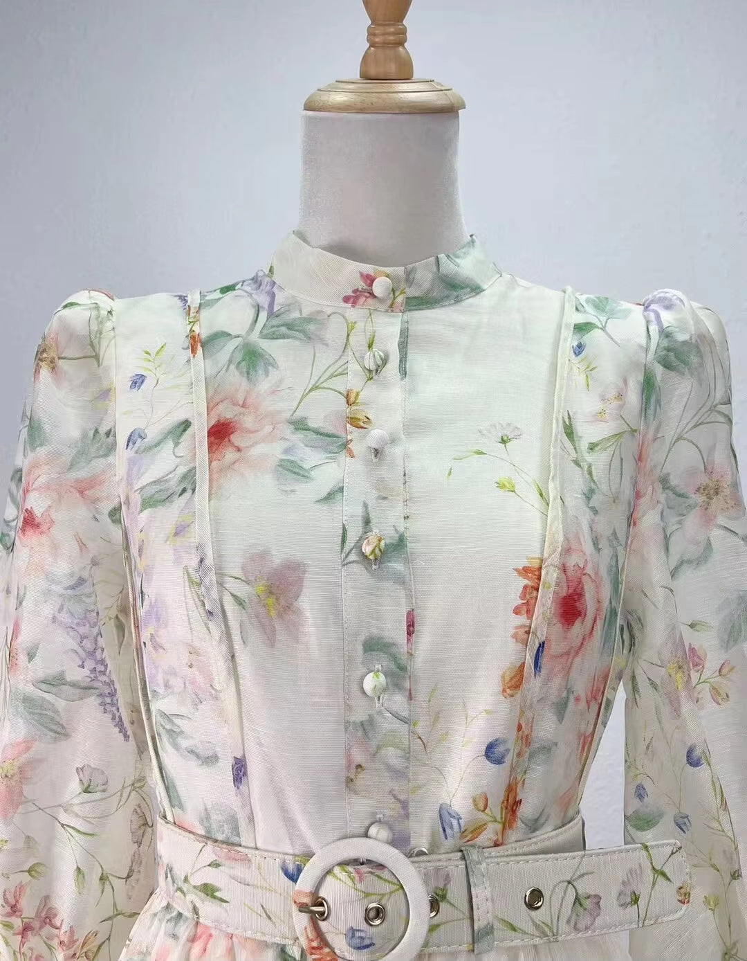 Luxury Floral Print Long Sleeve Silk Linen Dress with Belt for Women - Spring 2025 Collection