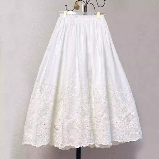 Vintage Embroidery Floral Cotton Midi Skirt Elastic Waist Skirts for Women 2025 Spring Summer