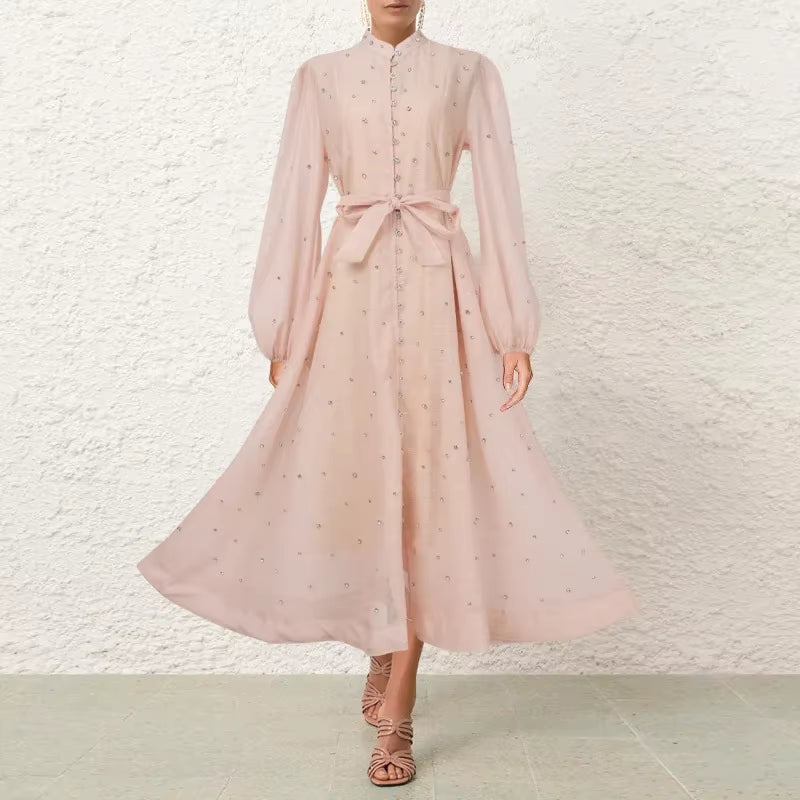 Luxury Design Sense Single Button Silk Mulberry Dress with Long Strap Diamond Bead Lightweight UK Exclusive Fashion Dress