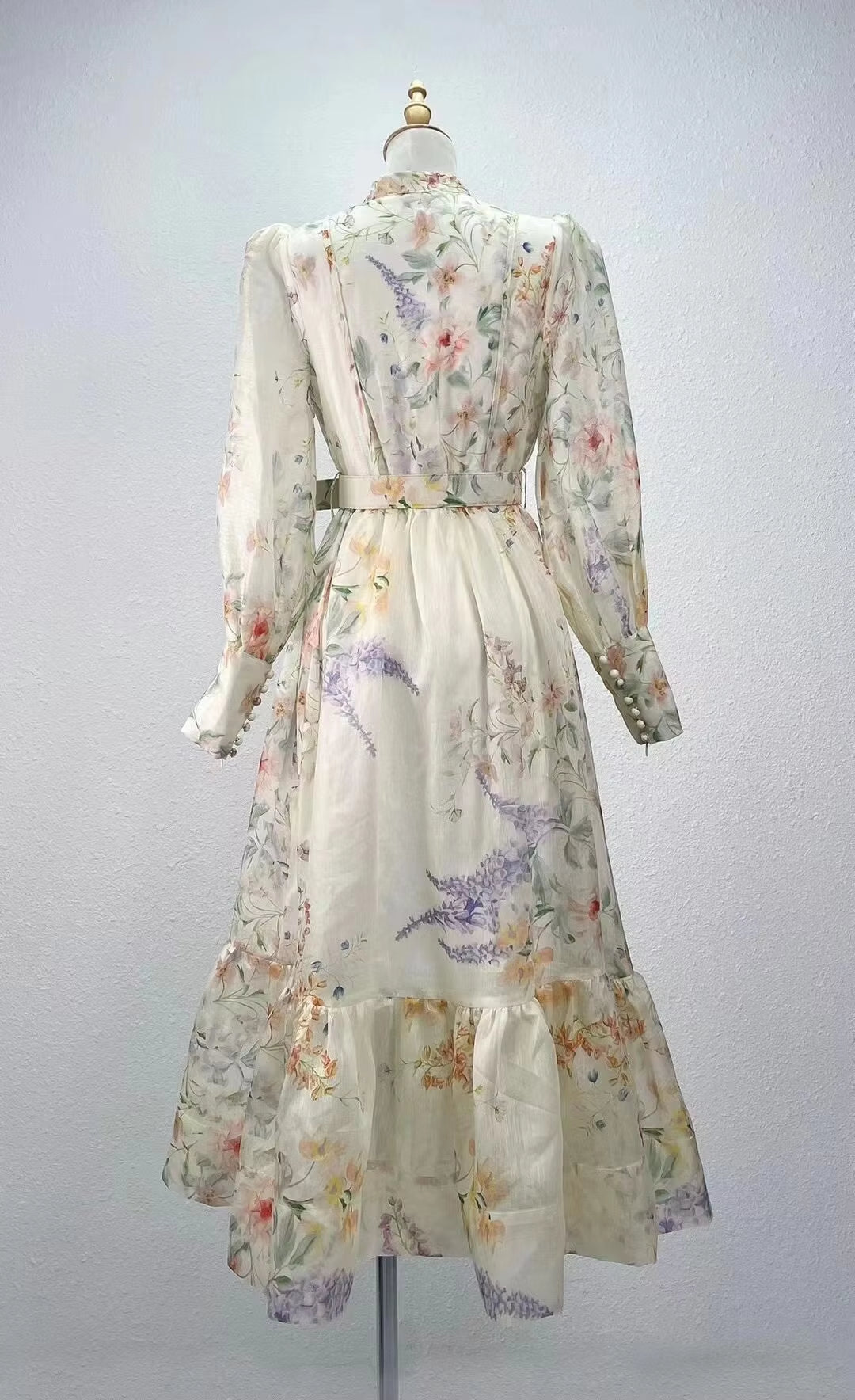 Luxury Floral Print Long Sleeve Silk Linen Dress with Belt for Women - Spring 2025 Collection