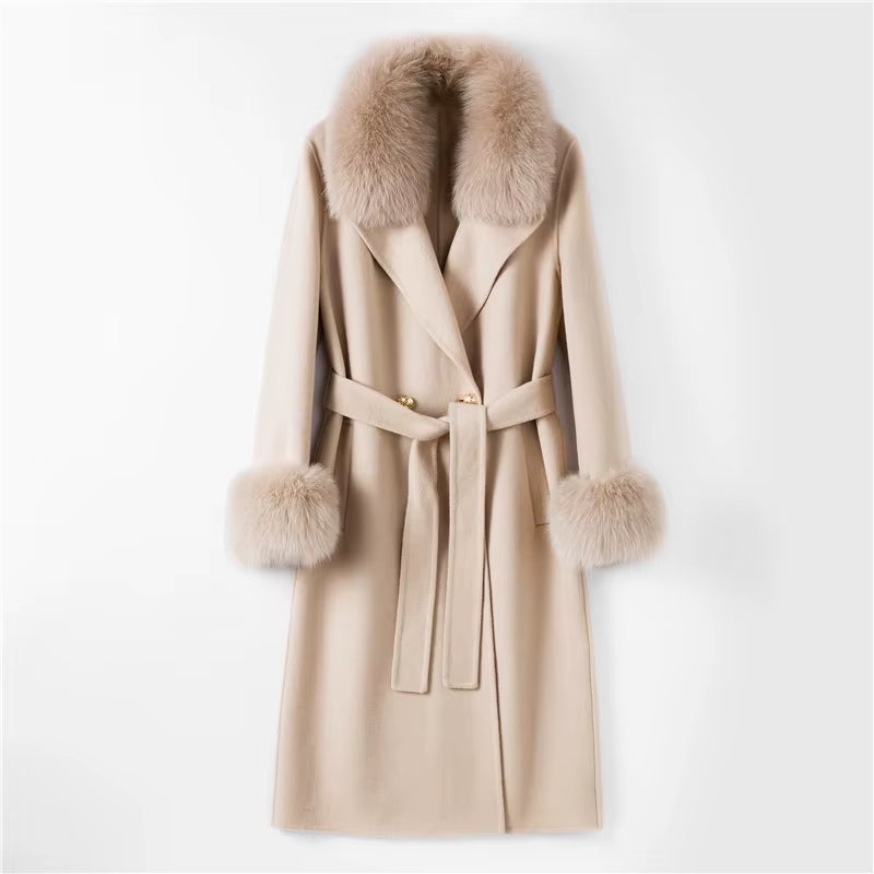 Women's Elegant 90% Genuine Wool Overcoat with Fox Fur Collar and Cuffs - Winter Trench Jacket TX205601