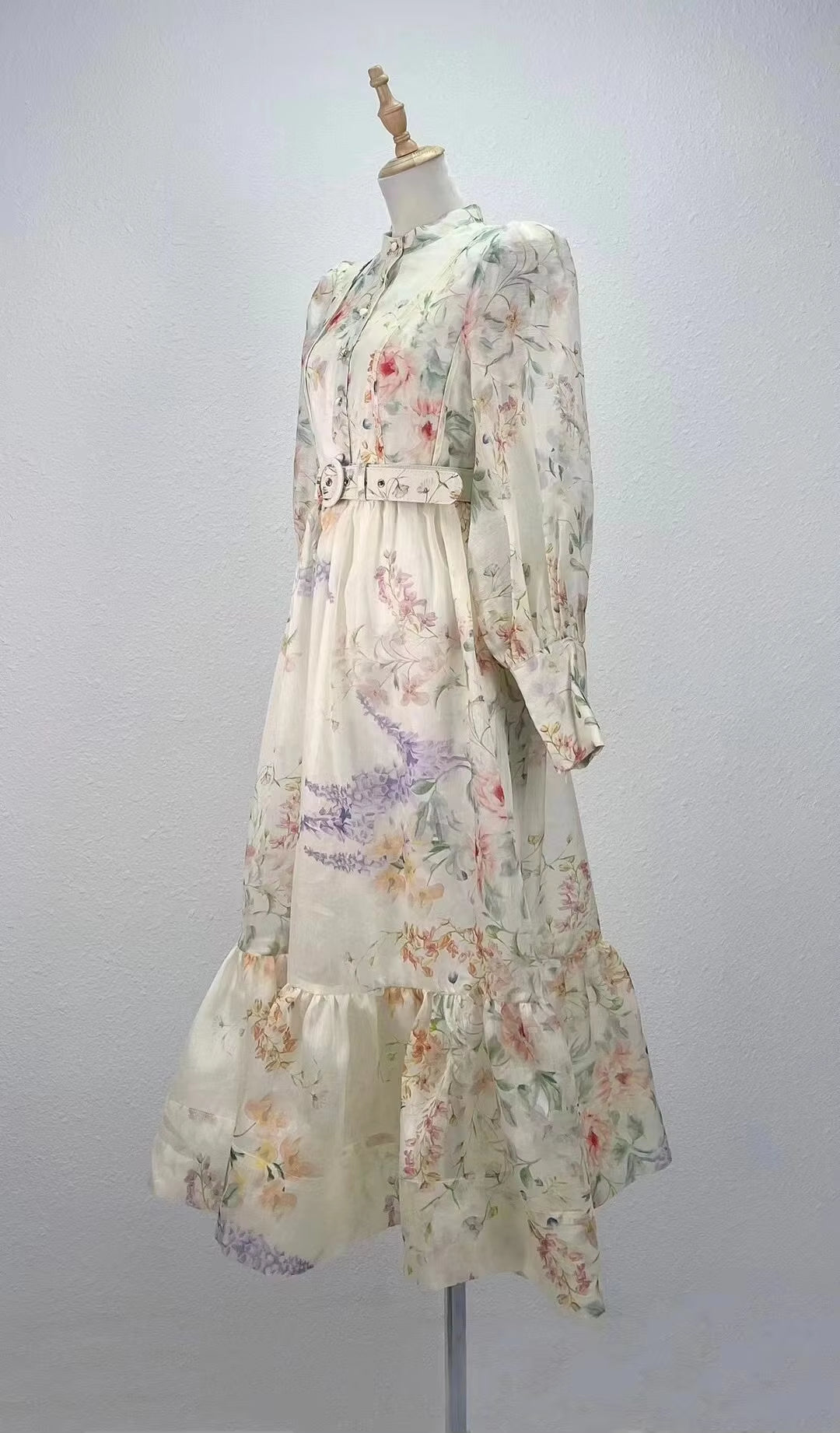 Luxury Floral Print Long Sleeve Silk Linen Dress with Belt for Women - Spring 2025 Collection