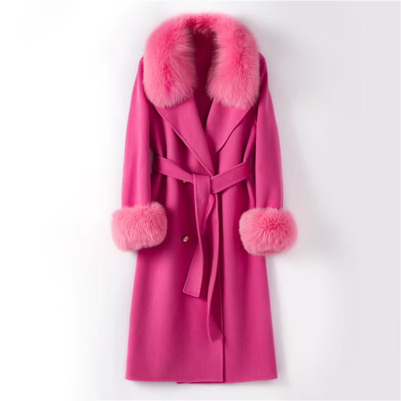 Women's Elegant 90% Genuine Wool Overcoat with Fox Fur Collar and Cuffs - Winter Trench Jacket TX205601