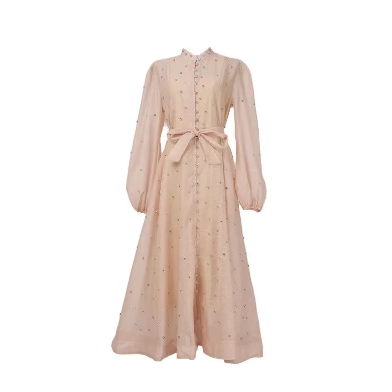 Luxury Design Sense Single Button Silk Mulberry Dress with Long Strap Diamond Bead Lightweight UK Exclusive Fashion Dress