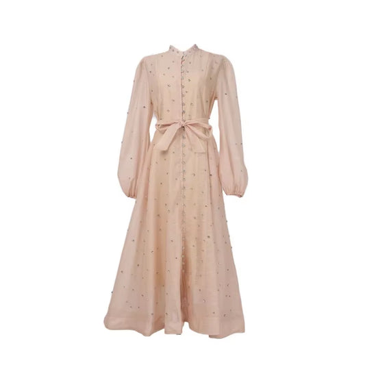 Luxury Design Sense Single Button Silk Mulberry Dress with Long Strap Diamond Bead Lightweight UK Exclusive Fashion Dress