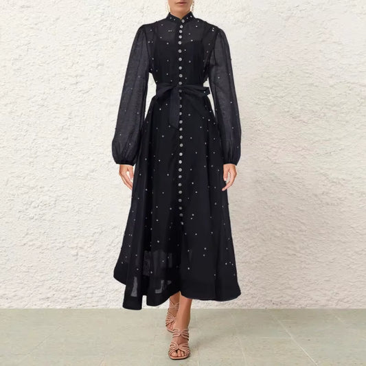 Luxury Design Sense Single Button Silk Mulberry Dress with Long Strap Diamond Bead Lightweight UK Exclusive Fashion Dress