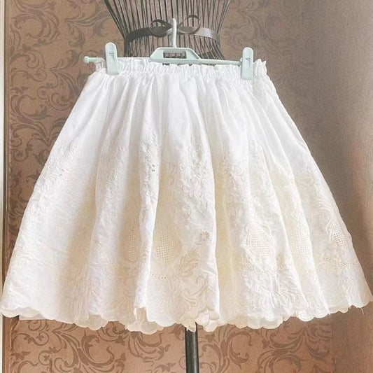 Vintage Embroidery Floral Cotton Midi Skirt Elastic Waist Skirts for Women 2025 Spring Summer